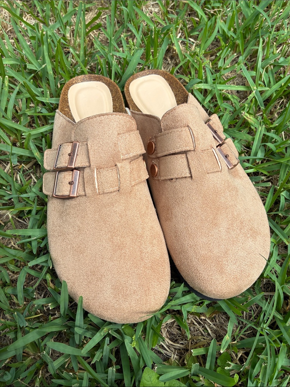 Women’s Tan Suede Slip-On Clog with Double Buckles